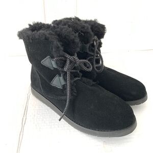 Emu Womens 7‎ Boots Black Suede Short Pull On Lace Front 100% Merino Lined Fur